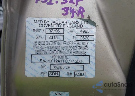 1996 Jaguar Xj6 из США, поврежденный, VIN SAJHX1241TC774556